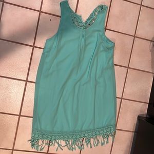 Jodi Kristopher Turquoise fringe sleeveless dress